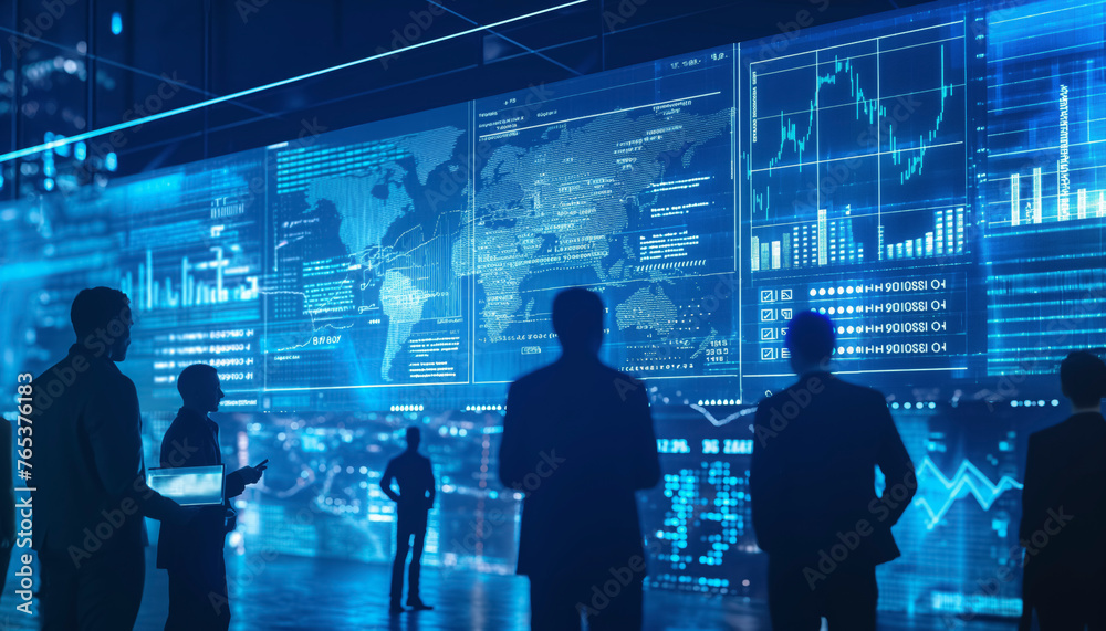 Poster a business group of people are standing in front of a large screen displaying various graphs and num