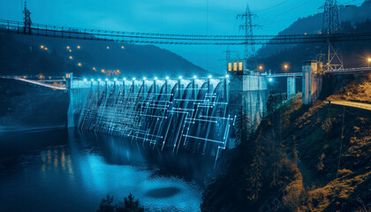 Renewable energy hydroelectric dam engineering in a scenic river landscape in blue digital futuristic style,A blue and white city with a bridge,A futuristic cityscape with a bridge and a waterway - obrazy, fototapety, plakaty