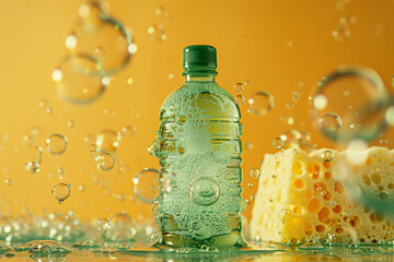 A green plastic bottle of dish soap with bubbles and a sponge on a yellow solid background. - obrazy, fototapety, plakaty