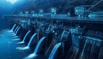 Foto op Plexiglas Renewable energy hydroelectric dam engineering in a scenic river landscape in blue digital futuristic style,A blue and white city with a bridge,A futuristic cityscape with a bridge and a waterway © BrightSpace