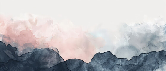 A painting of mountains with a blue sky and pink clouds