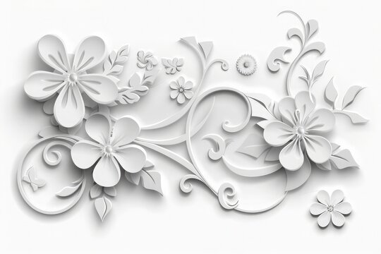 White vector background with floral cutout paper swirls, greeting card or wedding invitation template .