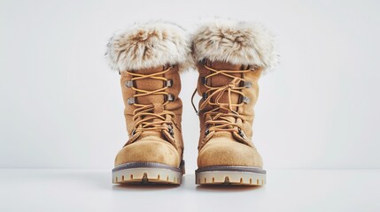  pair of cozy fur-lined winter boots, insulated and waterproof, ideal for braving cold weather, set against a clean white background.  - obrazy, fototapety, plakaty