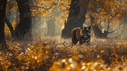 The photograph depicts an old-fashioned picture of a majestic male Bengal tiger in Bandhavgarh - obrazy, fototapety, plakaty