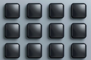 16 media control web 2.0 buttons. Black rounded square with shadow on gray background .