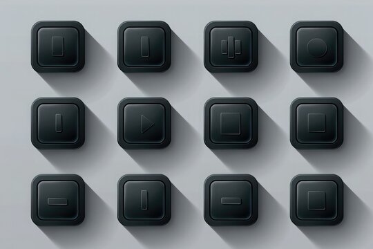 16 media control web 2.0 buttons. Black rounded square with shadow on gray background .