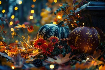 A brightly lit pumpkins, gourds, autumn leaves and late season flowers. 