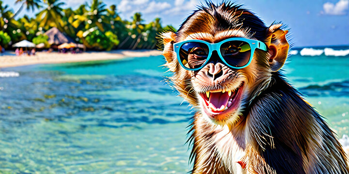 Funny animal summer holiday vacation photography banner background - Closeup of smiling laughing monkey with sunglasses, chilling relaxing at the tropical ocean beach 