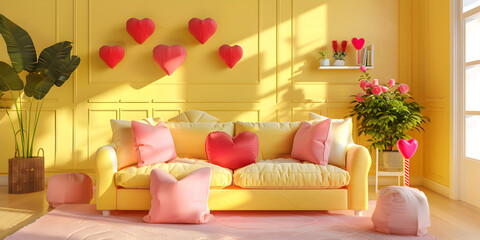 A clean and aesthetic living room with yellow background interior design. A living room with yellow couches and a coffee table with pink pillows and a pink and yellow rug. 