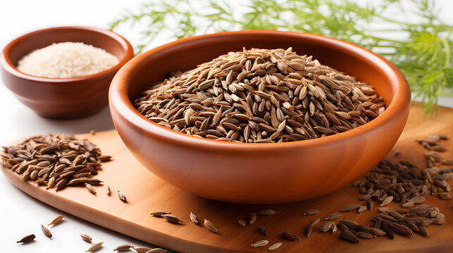 Organic cumin seeds in a bowl on wooden board