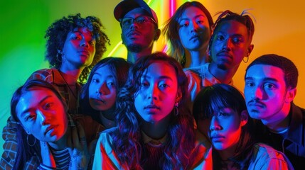 Fototapeta premium Collage of diverse group portraits on vibrant multicolored background, illuminated by neon lights.