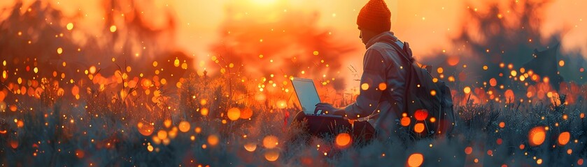 A man works on his laptop in a field glowing with the warm light of a sunset, representing the freedom of remote work and digital nomad lifestyle.