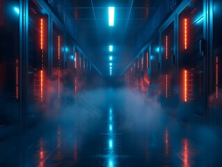 Highlighting the powerful digital infrastructure of modern computing, the corridor of a futuristic data center is bathed in the cool glow of server rack lights. - obrazy, fototapety, plakaty