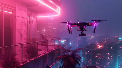 Fototapeten Hovering in the twilight of a city bathed in neon lights, a drone with a camera symbolizes the intersection of urban surveillance and technology, capturing the essence of modern urban landscapes. © Chomphu