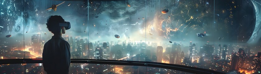 A person stands in a high-rise building using virtual reality to explore a cosmic environment, overlooking a futuristic cityscape.