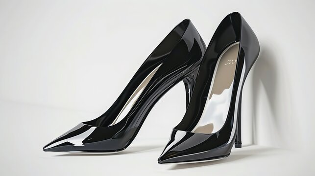 pair of sleek black patent leather stiletto heels, exuding sophistication and glamour against a simple white backdrop.
