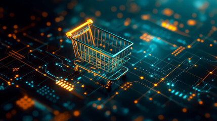 Digital shopping cart on circuit board background