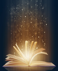 Book, fairytale and pages for read and story with lights, glowing and sparkle on mockup. Creative...
