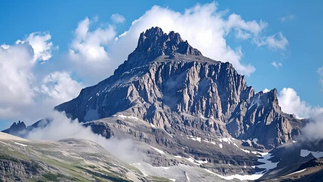 A rugged mountain peak standing tall against a backdrop of a clear blue sky and rolling clouds. The majesty of this untouched landscape is a powerful reminder of natures calling