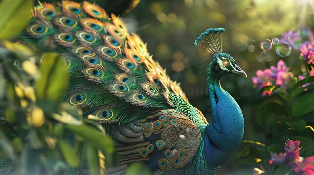a beautiful and beautiful peacock whose eyes are shining. seamless looping time-lapse virtual 4k video Animation Background.