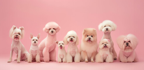  group of cute dogs in various sizes and breeds, each with their hair styled into different pink poodle cut styles, set against a soft pink background
