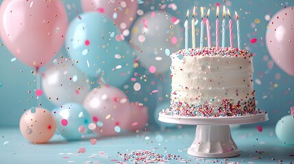 light pastel colored birthday background with a cake and candles on the right side of the image decorate the left side of the image with balloon confetti decorations 