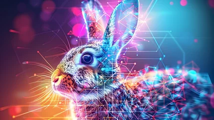 Foto op Aluminium Vibrant Cyber Rabbit with Futuristic Fractal Energy Glow in Abstract Digital Art Backdrop © vanilnilnilla