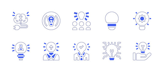 Idea icon set. Duotone style line stroke and bold. Vector illustration. Containing idea, solution, creative, hand, mind, idea bulb.