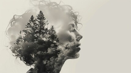 double exposure of a lady with fog and trees in winter weather
 - obrazy, fototapety, plakaty