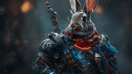 Fearless Cyborg Rabbit Warrior in Futuristic Mechanical Armor - obrazy, fototapety, plakaty