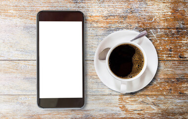 Smart phone with blank screen area and coffee cup