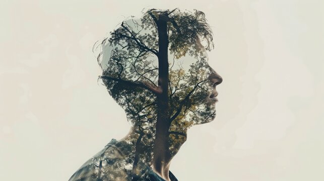 Double exposure of a forest landscape and a silhouette of a person's profile.