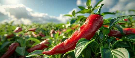 Fotobehang Vibrant Red Chile Peppers in Garden: Close-Up Food Photography with Organic Harvest Contrasting Green Leaves and Blue Sky © Sascha