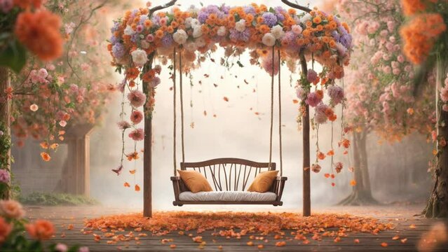 蝶が飛ぶオレンジの花のアーチとベンチのようなブランコのアンティークな雰囲気の背景動画