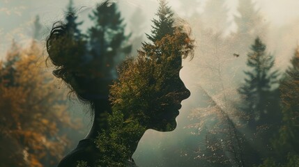 Double exposure of a forest landscape and a silhouette of a person's profile. - obrazy, fototapety, plakaty