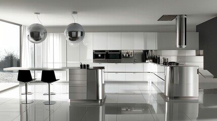 Sleek and modern kitchen with glossy white cabinets and stainless steel appliances.