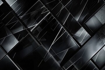 Abstract black background, modern geometric line designs and triangle diamond and square shape patterns with glass texture layout .