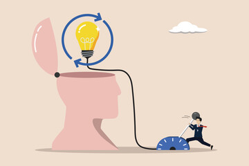 Rethinking to make changes for better results, restarting old ideas into new ideas, thinking of new ways to solve problems, smart entrepreneurs pull the lever to restart the idea light bulb.