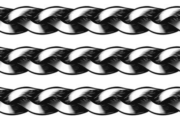 pattern chevron weave braids black and white. strands of rigging vector illustration. editable brush stroke. - obrazy, fototapety, plakaty