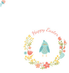 Happy easter wreath with bird and flowers.