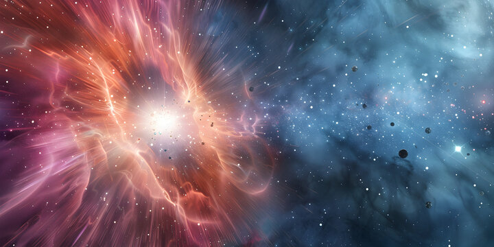 A space explosion with a black hole in the center, cosmic rays, Rainbow and colorful stars in cosmic setting
