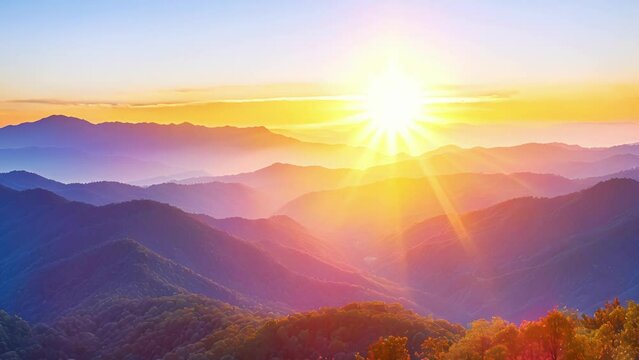 A serene mountain landscape is shown in closeup the rising sun casting a warm glow over the rolling hills and valleys. This is a place believed to hold powerful healing energy