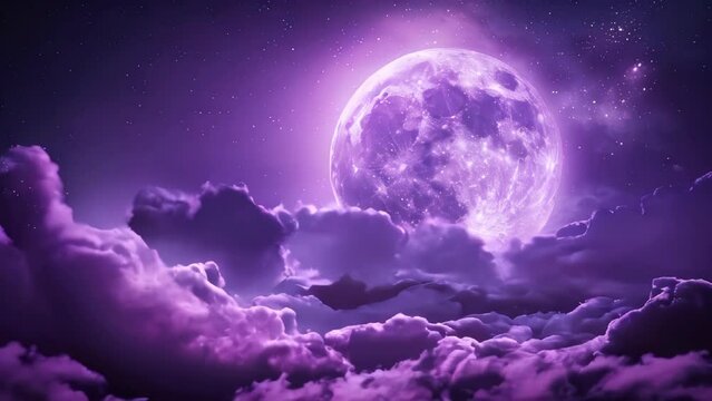 An ethereal purple moon with clouds around it