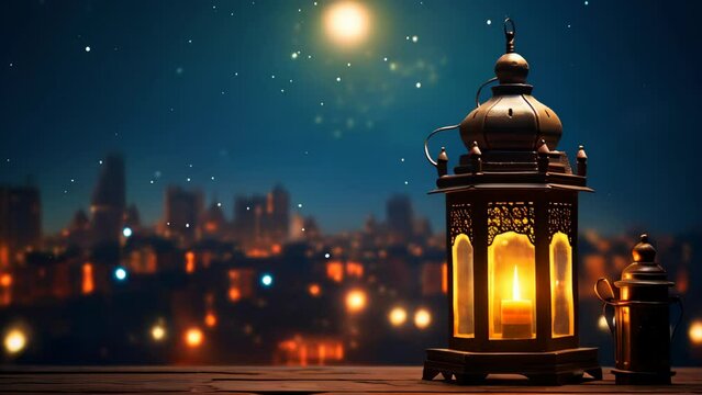 An oriental lamp in the night with a moon and stars in background