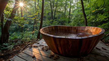 old wooden bathtub in forest 