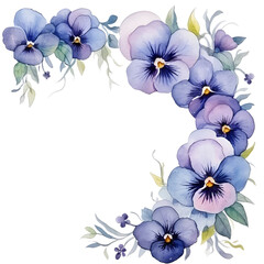 cute Pansy illustration, Corner frame of watercolor Pansy. Floristic design elements for floristics, isolated on white.