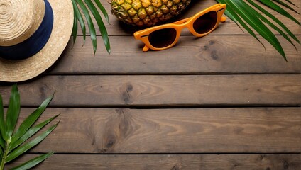 Summer holiday vacation travel tropical sea banner panoramic greeting card - straw hat, pineapple sunglasses and palm tree leaves, on wooden table, wooden texture background. AI generated - obrazy, fototapety, plakaty