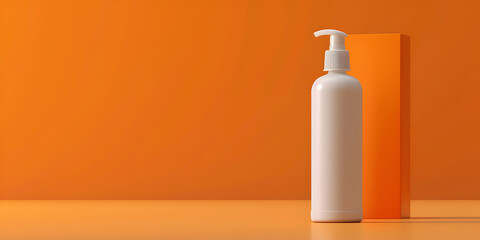 White unbranded plastic dispenser pump bottle on orange background with copy space for text