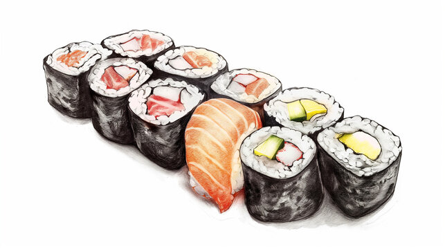 Maki and nikiri sushi in color pencil drawing style 