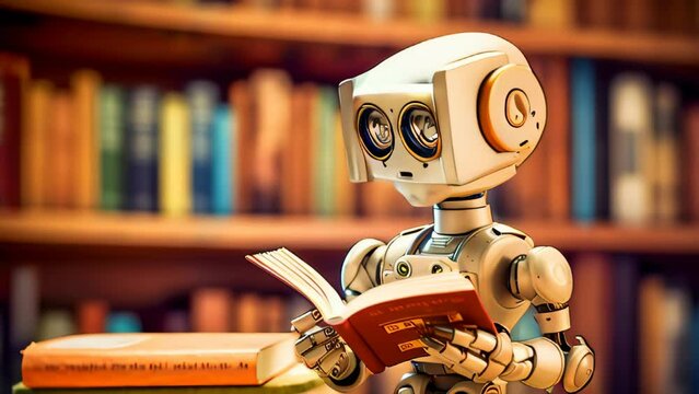 Cute little robot surrounded by books in a library